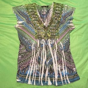 Apt 9 Green Blue Silky Knit Top Size Small Short Sleeve Sumblimated V Neck